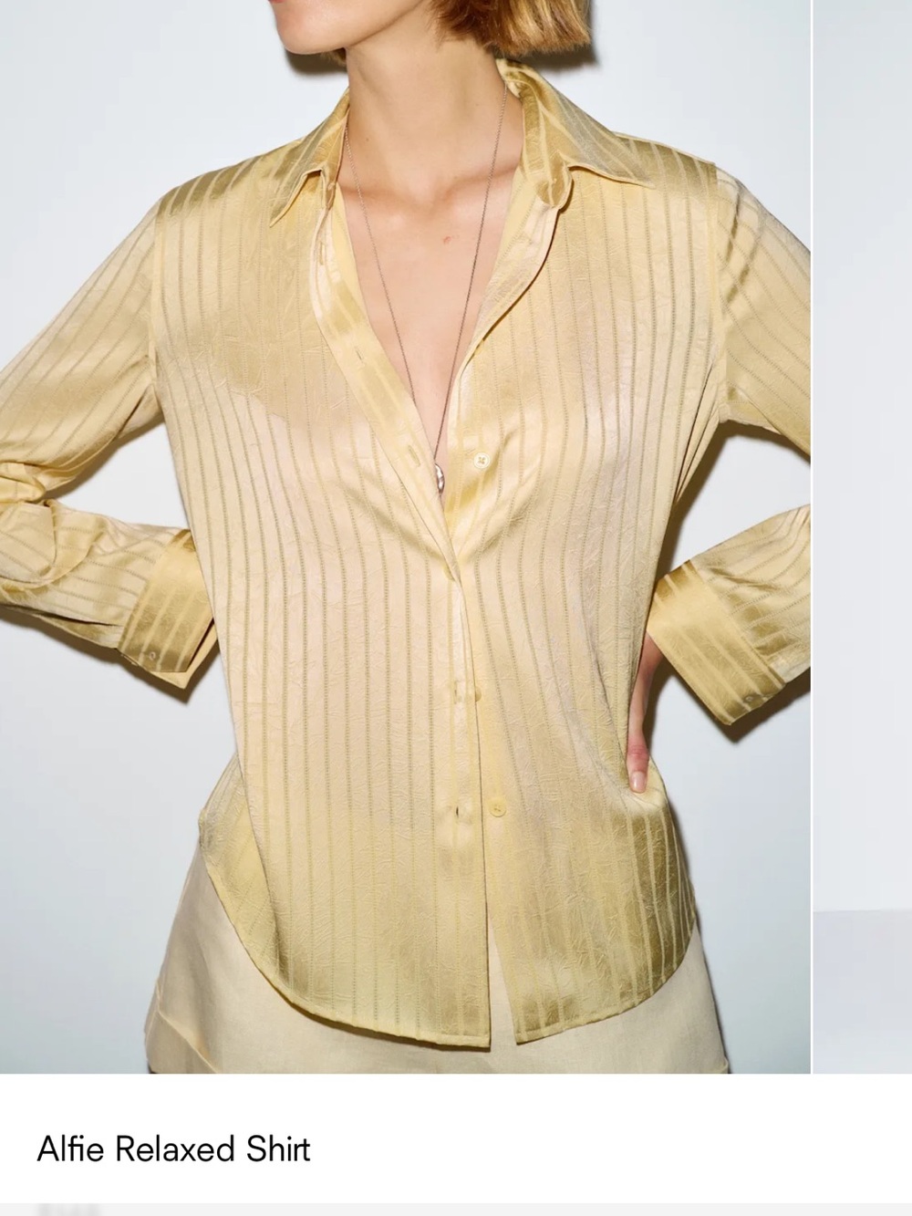 Reformation Alfie Relaxed Satin-Striped Shirt in Pale Yellow